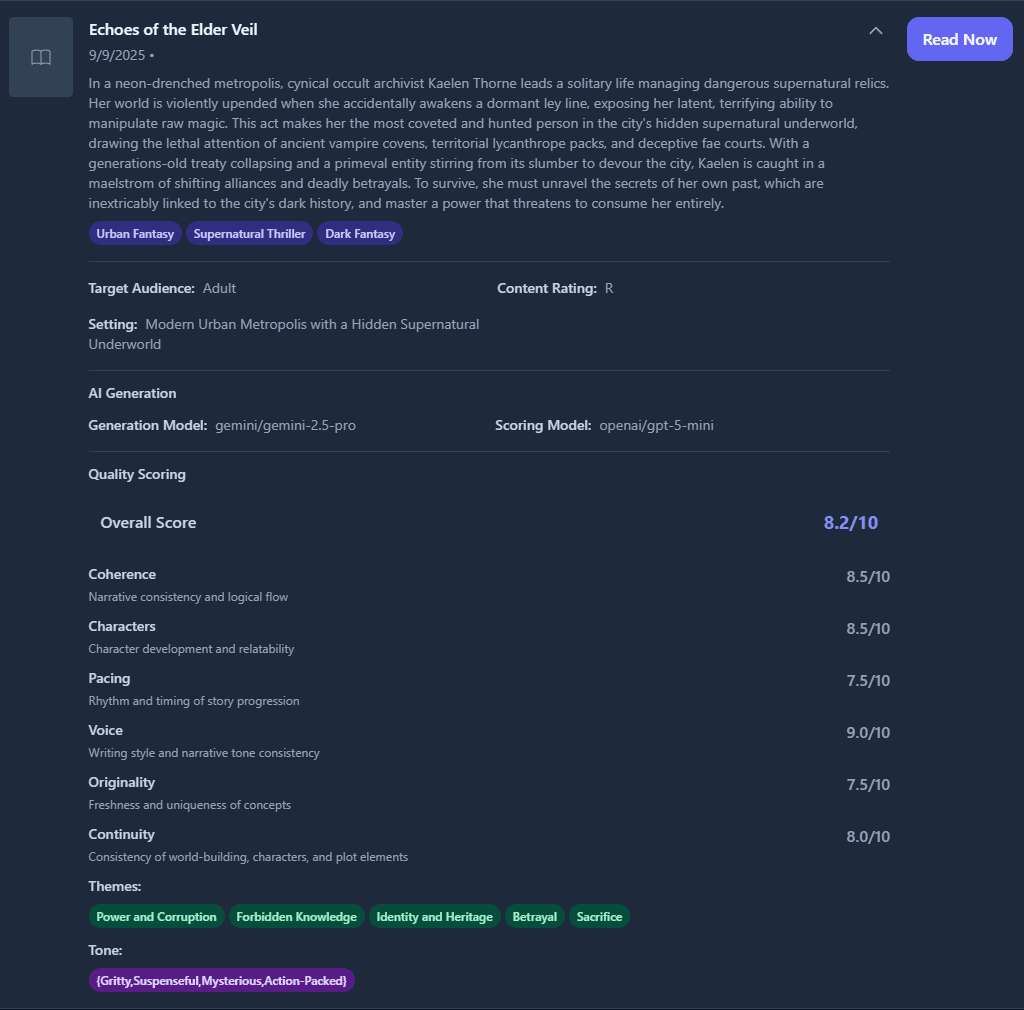 Example of an AI-generated novel's quality score report